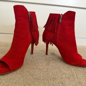 Vince Camuto Red Fringe Peep-Toe Heeled Boots